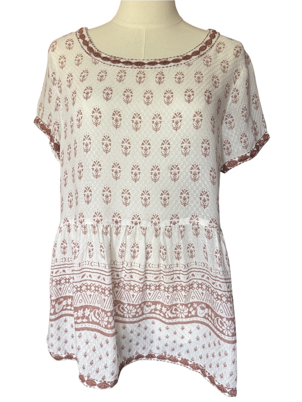 Sigrid Olsen Boho Block Print Babydoll Top Cream Terracotta Embroidered M